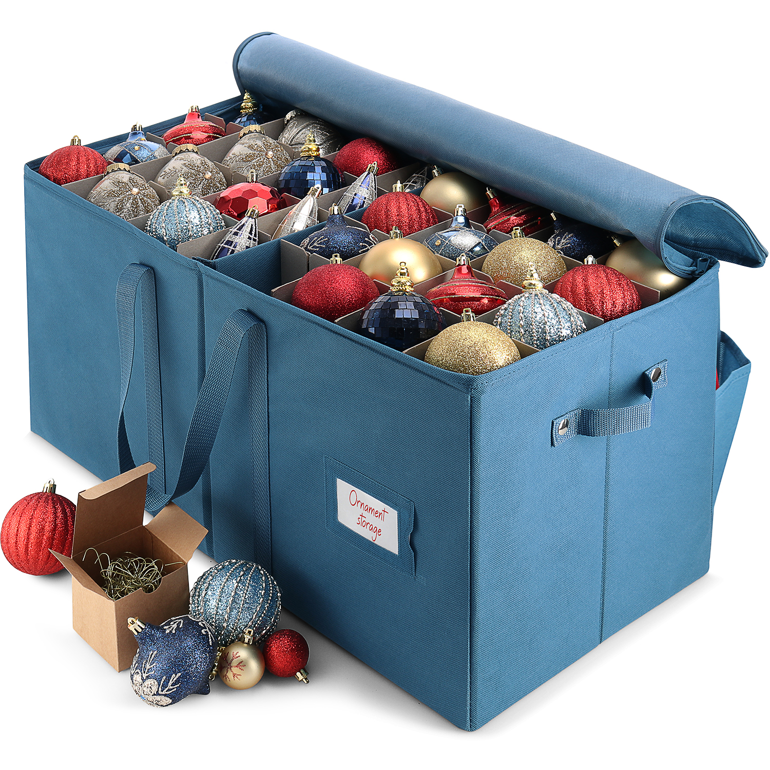 StorageBud Large Christmas Ornament Storage Box With Adjustable Dividers,  For 128 Holiday Ornaments or Decorations, Blue